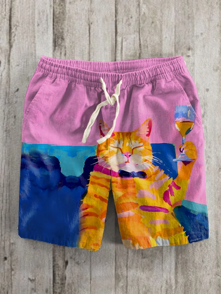 Men's Cheers Lazy Sofa Orange Cat Print Shorts