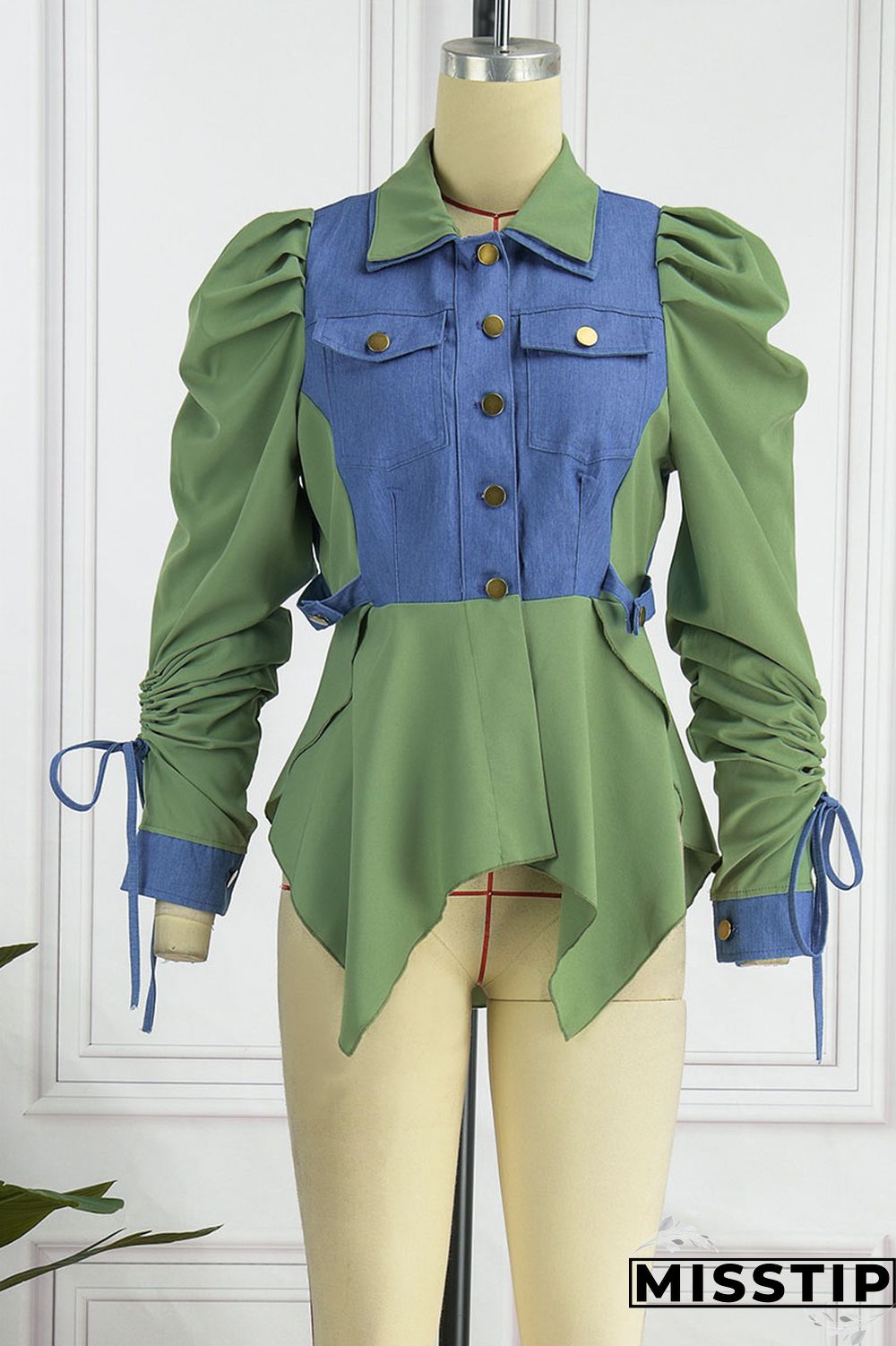 Green Casual Solid Patchwork Buckle Asymmetrical Turndown Collar Long Sleeve Straight