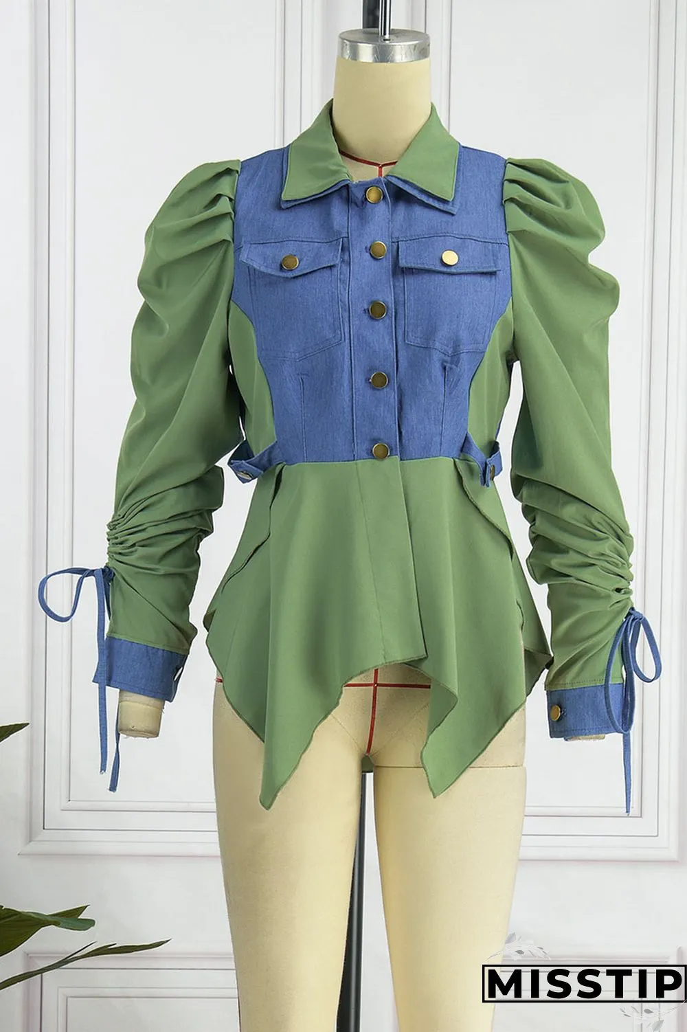 Green Casual Solid Patchwork Buckle Asymmetrical Turndown Collar Long Sleeve Straight