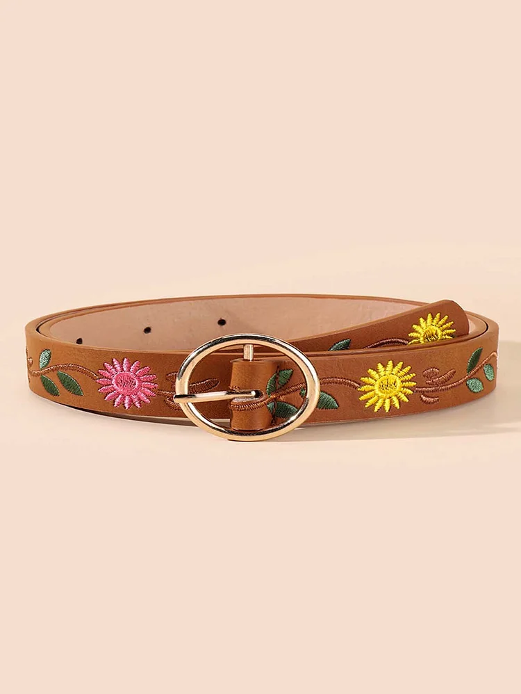 Ethnic Floral Embroidery Geometric Alloy Pin Buckle Belt