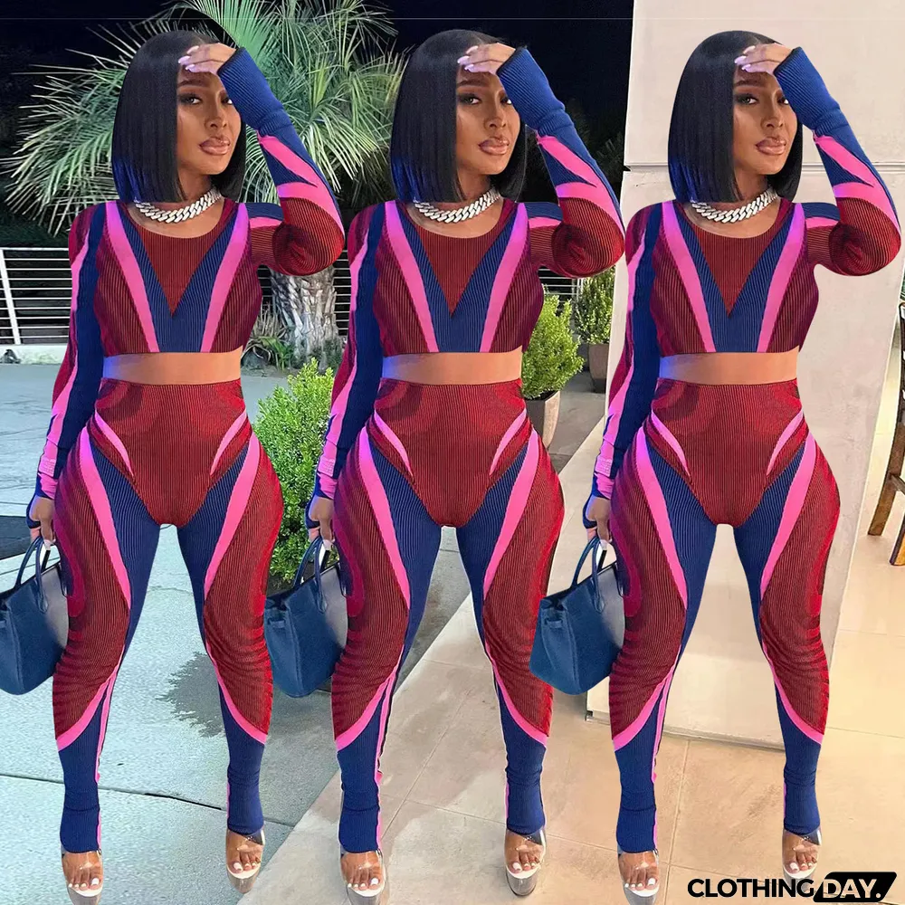 Womens Fashion Casual Print Open Waist Two Piece Pants Set