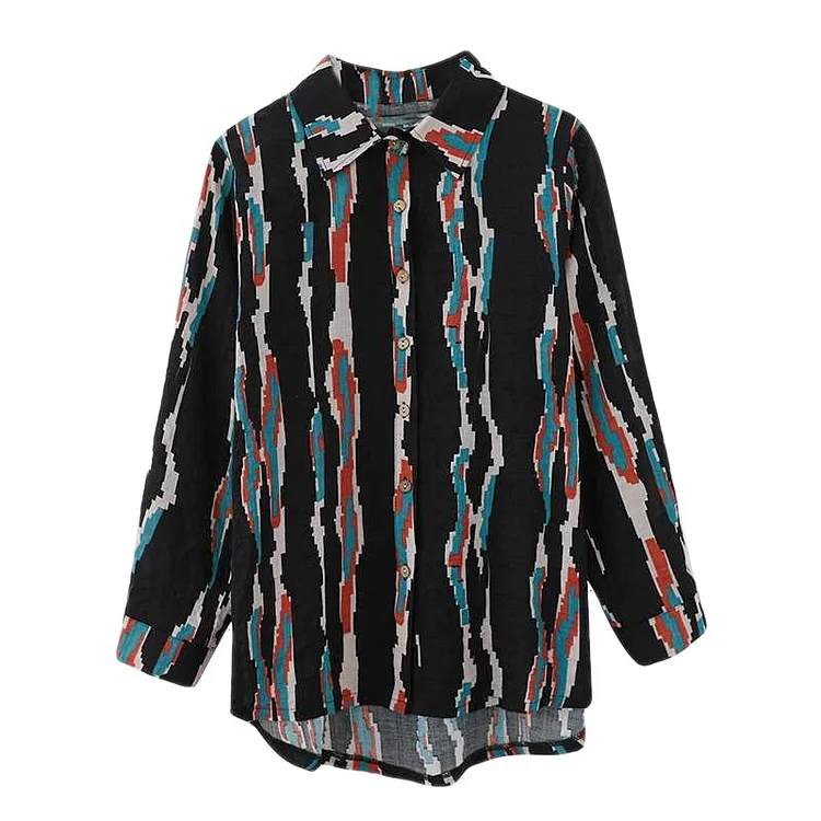 Literary Striped Printed Long Sleeve Shirt - yankia