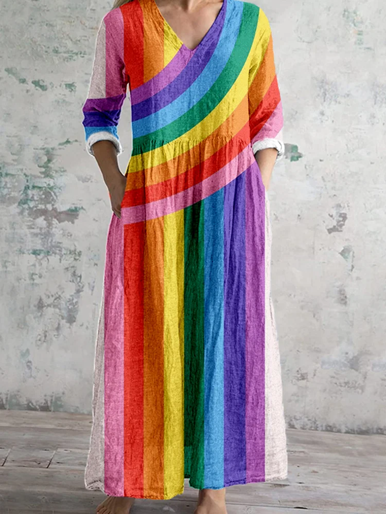 VChics Rainbow Pride Pattern Linen Maxi Dress