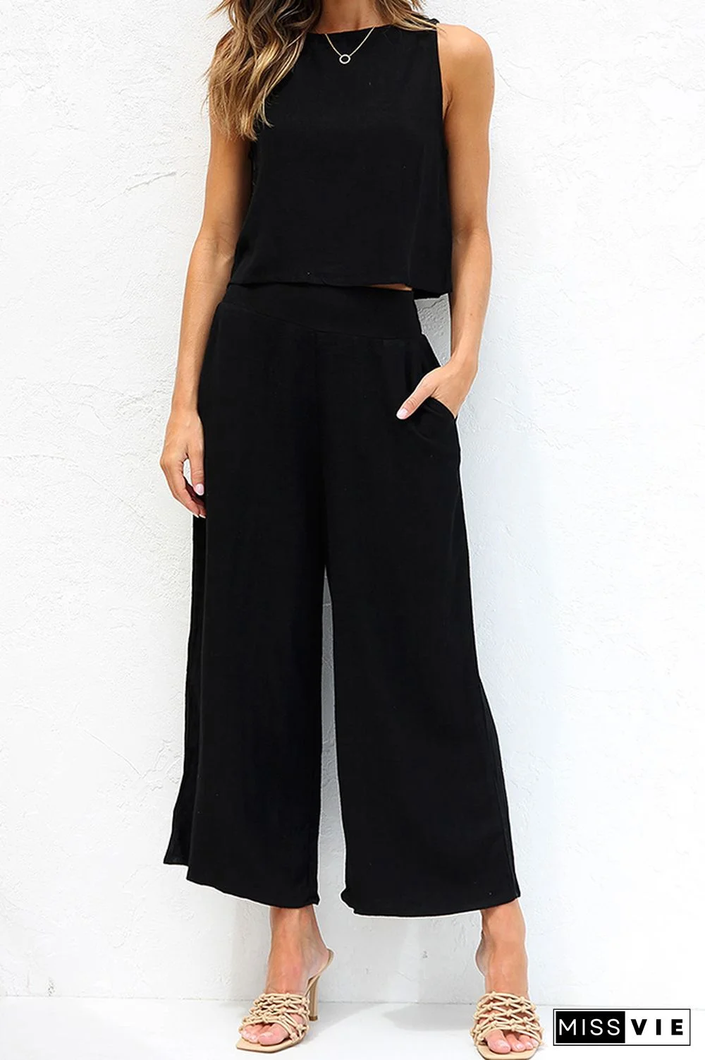 Plain Lien Tank Top With Wide Leg Pants 2pcs Set