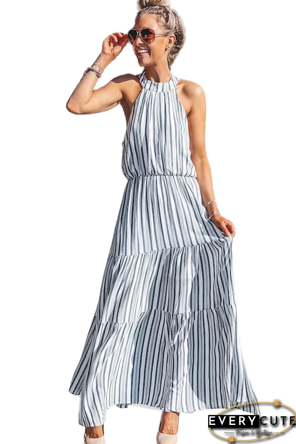 Halter Neck Sleeveless Cutout Tiered Striped Maxi Dress