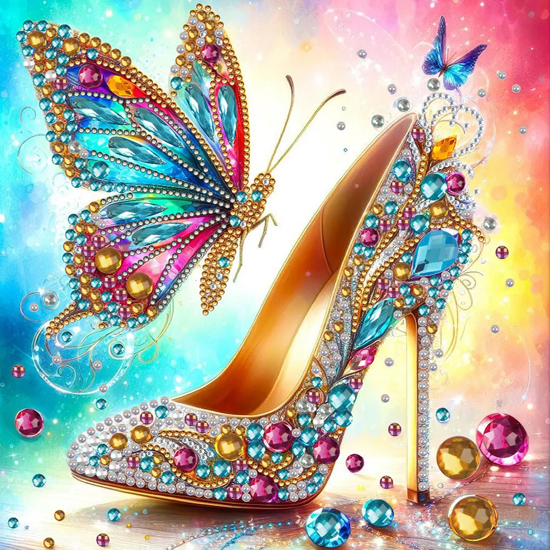 Butterfly High Heels Special Shaped DIY Large Diamond Painting Kit w/ Frame 9.84x9.84inch