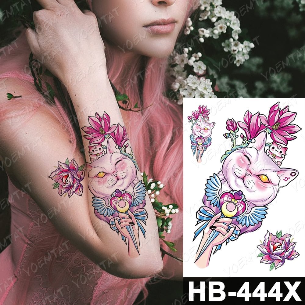 Waterproof Temporary Tattoo Sticker Ice Cream Cat Flash Tattoos Pink Anime Harajuku Body Art Arm Fake Tatoo Women