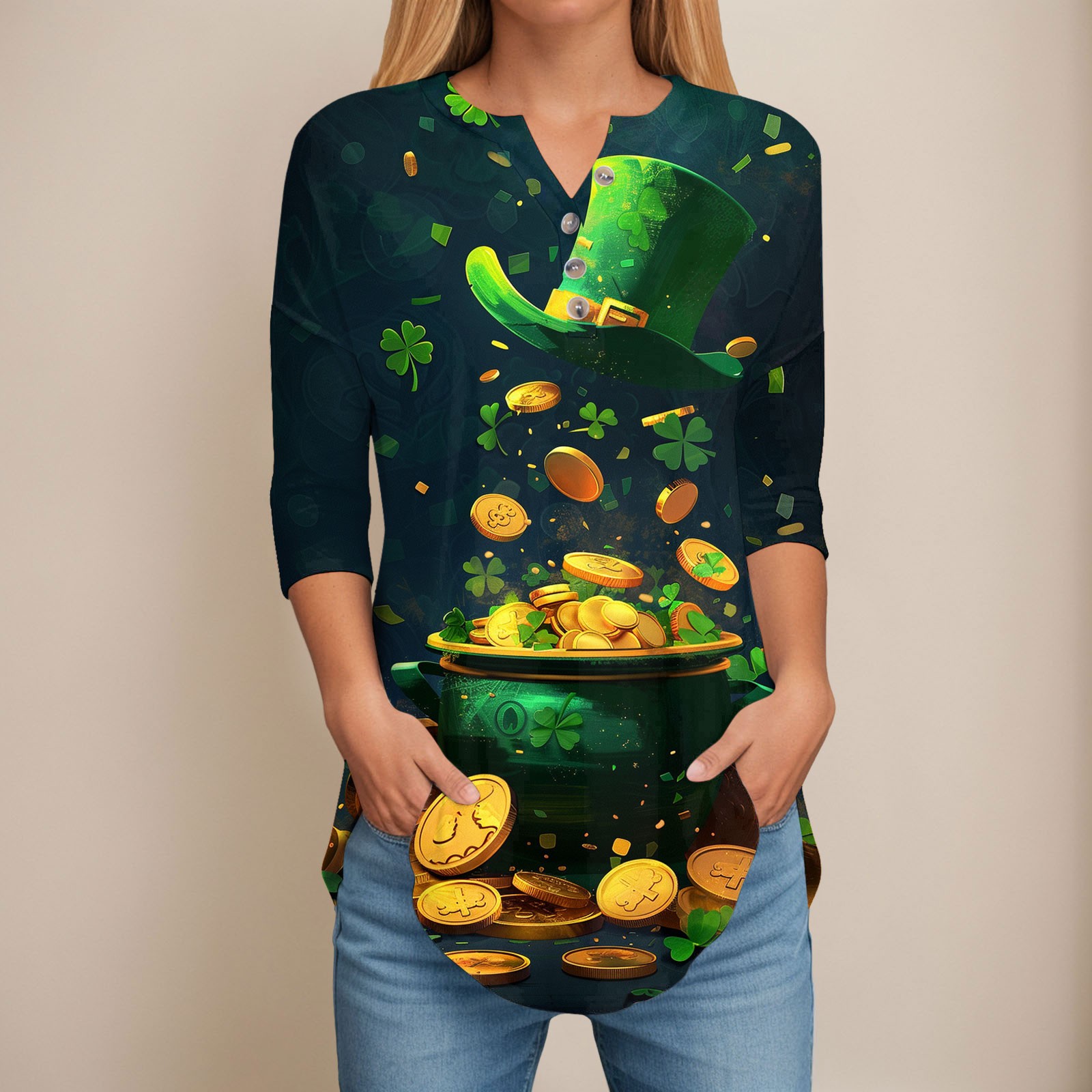 Women Simple Long Sleeve T Shirts Female St Patrick's Day Tops 3/4 Sleeve Tunic Tops Side Slit V Neck Flattering T-shirts