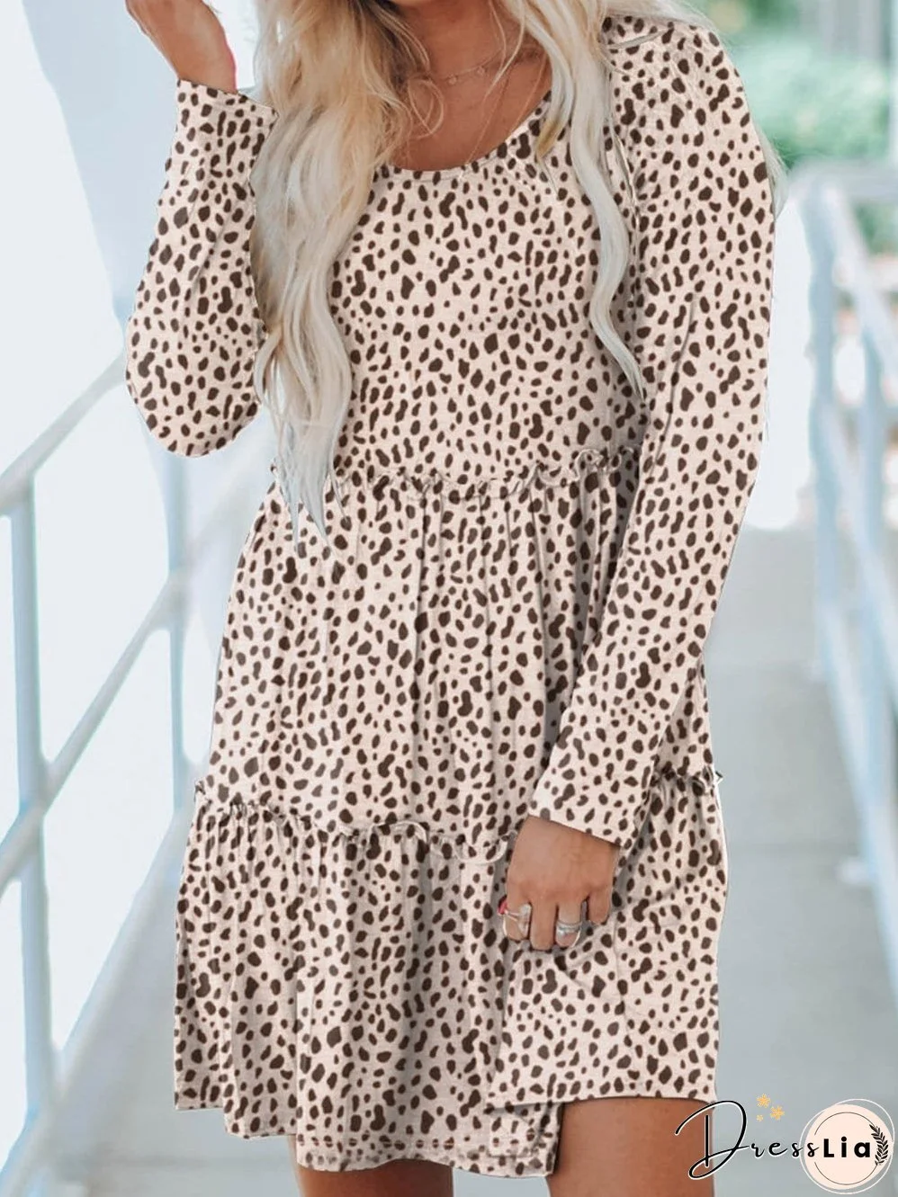 Leopard Print Ruffle Tiered Mini Dress with Long Sleeves