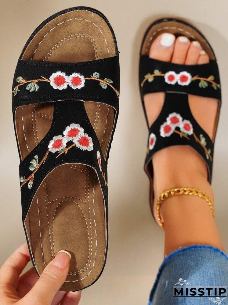 Floral Embroidery Wedge Sandals