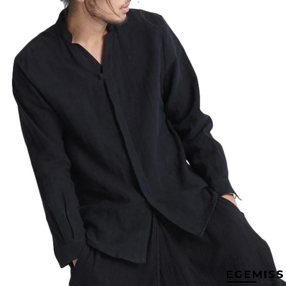 V Neck Solid Color Covered Button Loose Fit Long Sleeve Retro Shirts | EGEMISS