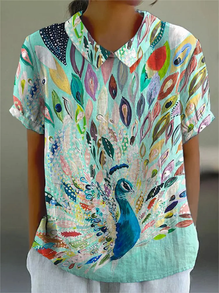 Colorful Peacock Painting Printed Women's Casual Cotton And Linen Shirt