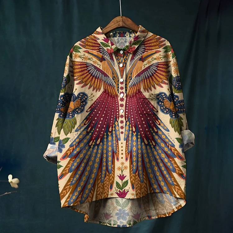 Women's Vintage Phoenix Art Print Casual Cotton And Linen Shirt