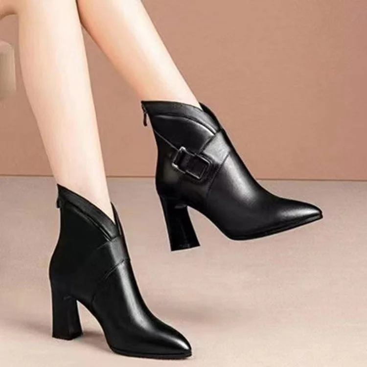 Yyvonne Short-Skinned Women 2025 Autumn And Winter New Pointed Fashion Boots Sexy Leather Boots Coarse Zippered Woman
