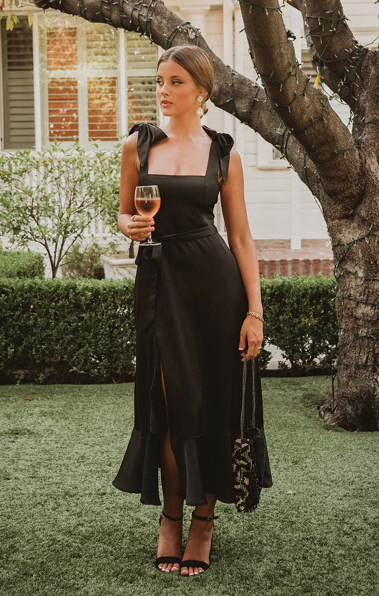 Claire Midi Dress ~ Black Luxe Satin