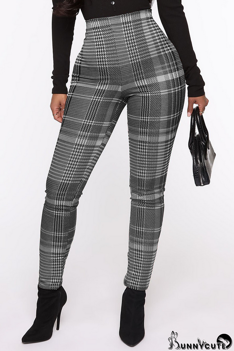 Grey Casual Plaid Split Joint Skinny High Waist Pencil Full Print Bottoms