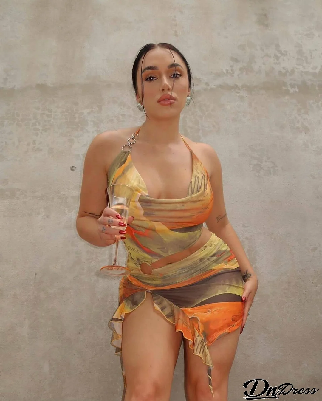 Women Sexy Printed Hollow Backless Halter Neck Lace Dress