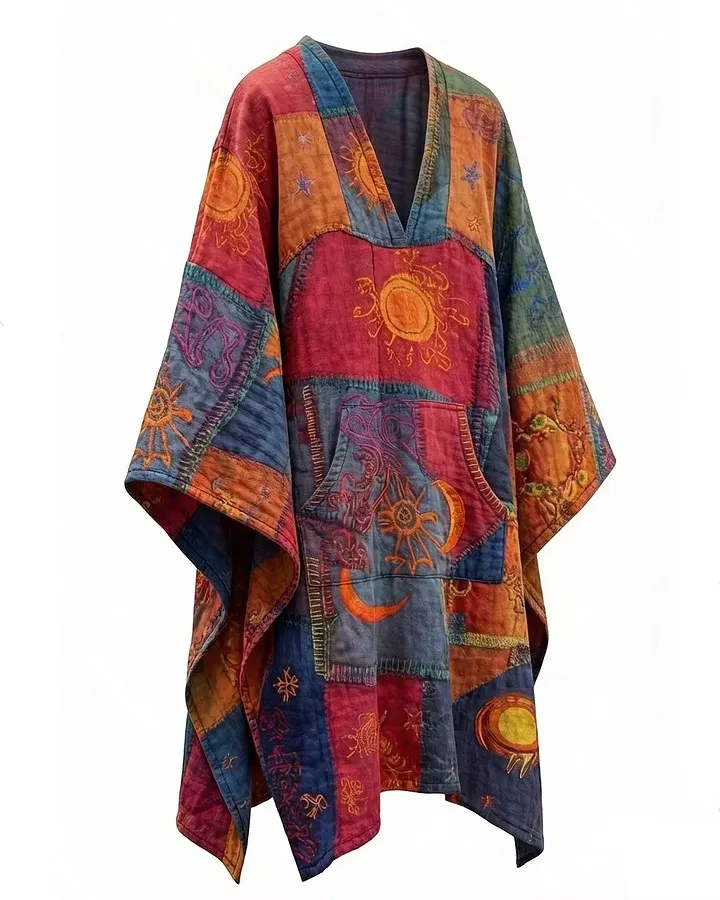 Men's Summer Fashion Star and Moon Embroidered Linen Hooded Cape 8495