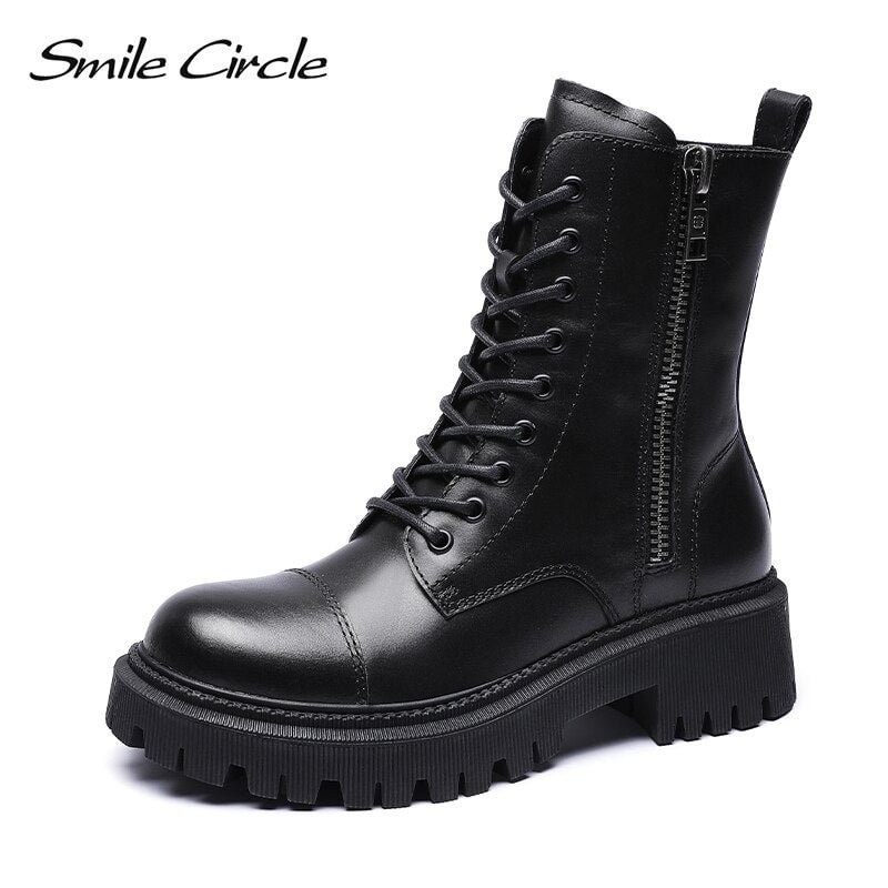 Smile Circle Motorcycle Boots To the calf Women shoes Genuine Leather Boots Fashion Platform Side zipper Ladies Booties