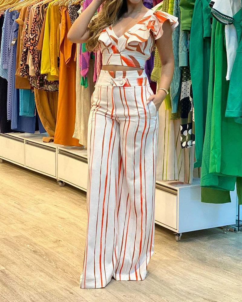 STRIPED PRINT RUFFLED TWO-PIECE SET