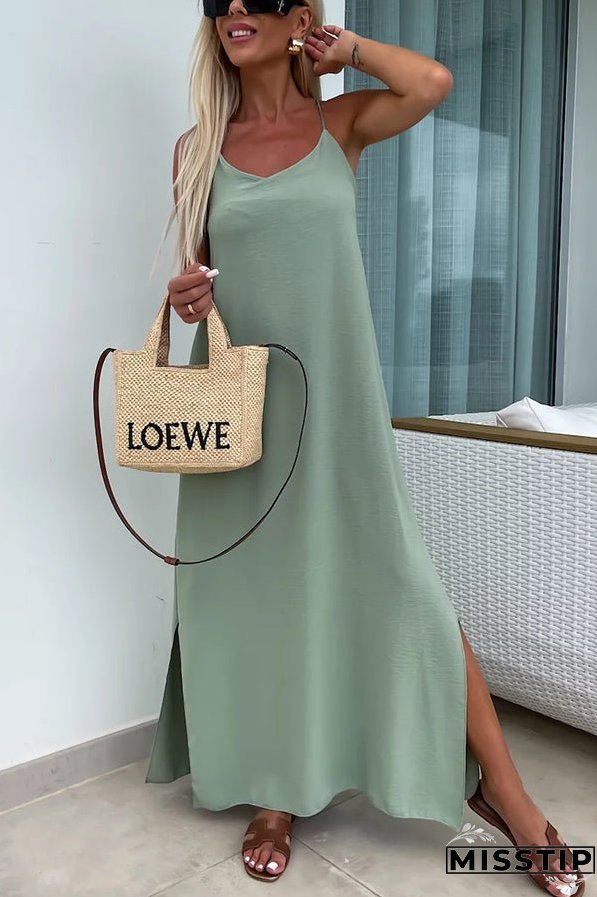 Solid Color Resort Style Spaghetti Strap Backless Maxi Dress