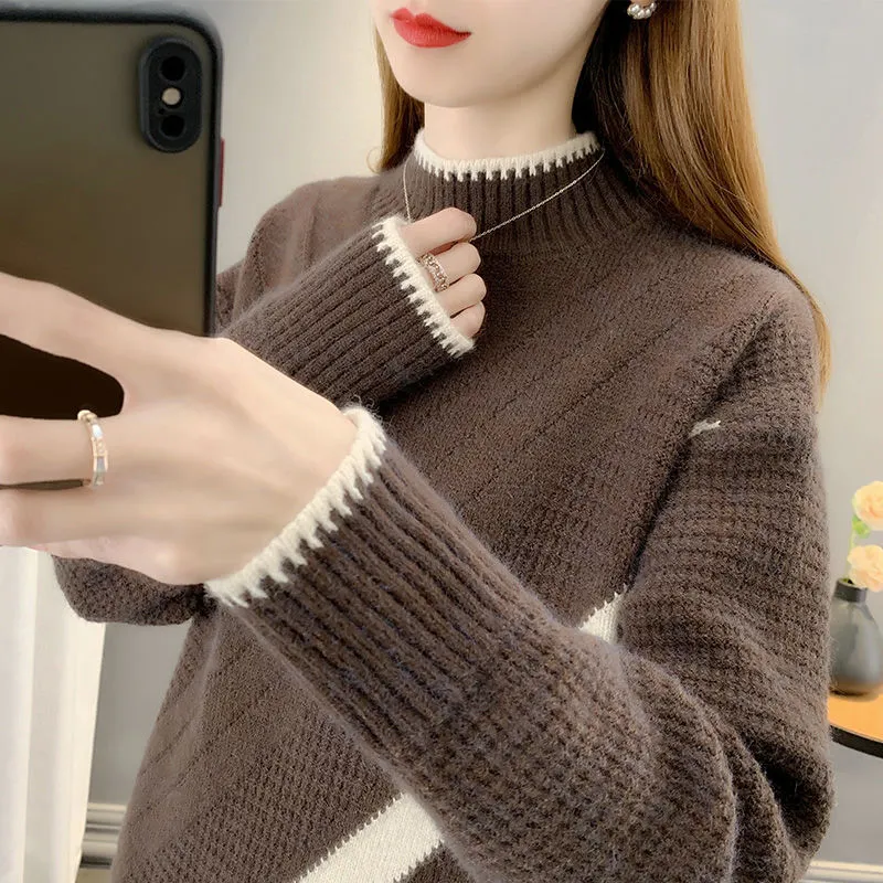 Churchf Churchf Autumn And Winter New Half Turtleneck Sweater Female Cover Thick Warm And Loose Outside Wear Matching Color Inside The Base Shirt Female