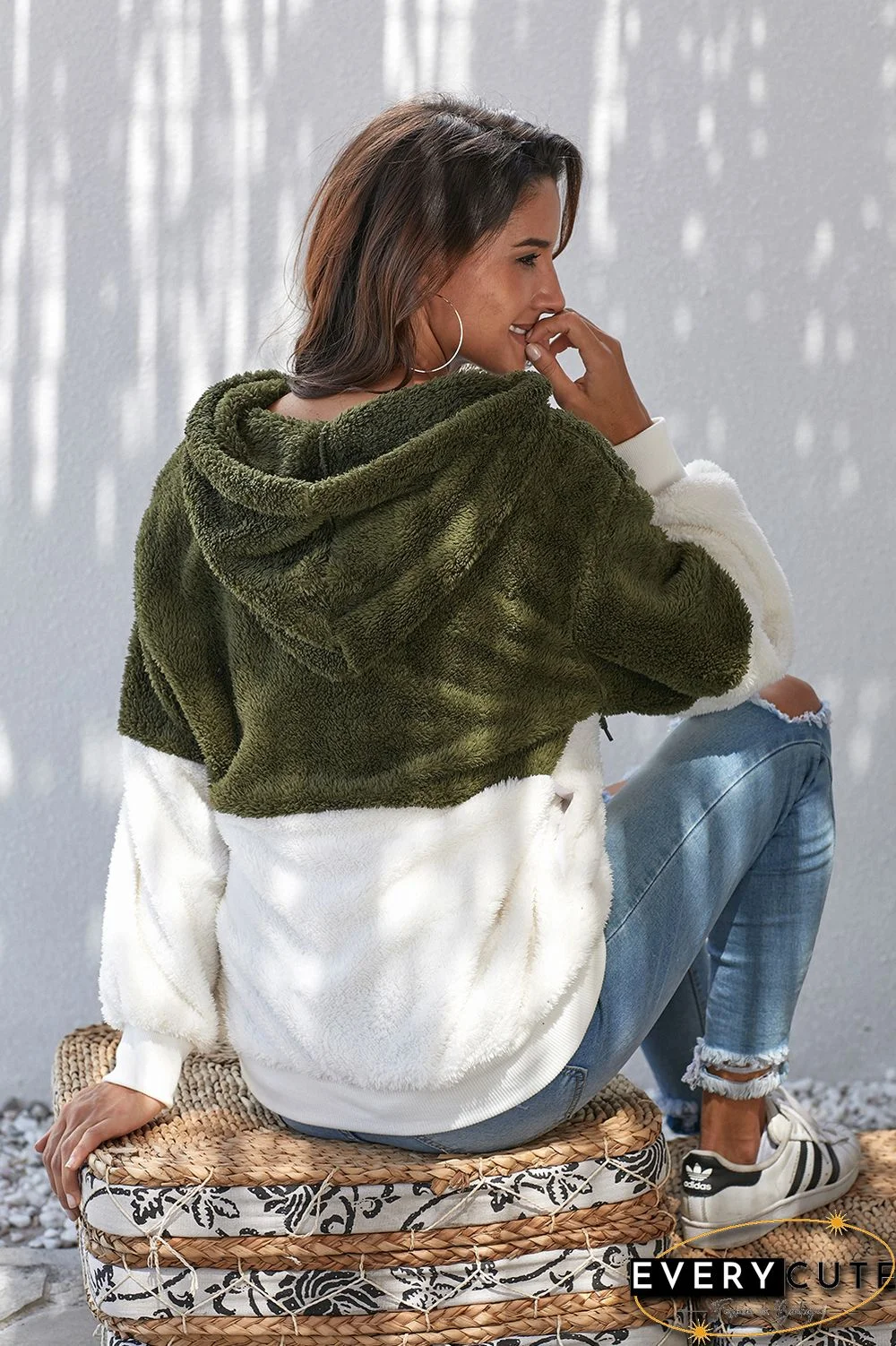 Green White Colorblock Furry Hoodie