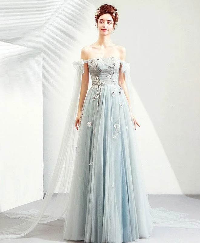 Simple Gray Blue Tulle Lace Long Prom Dress Gray Tulle Evening Dress
