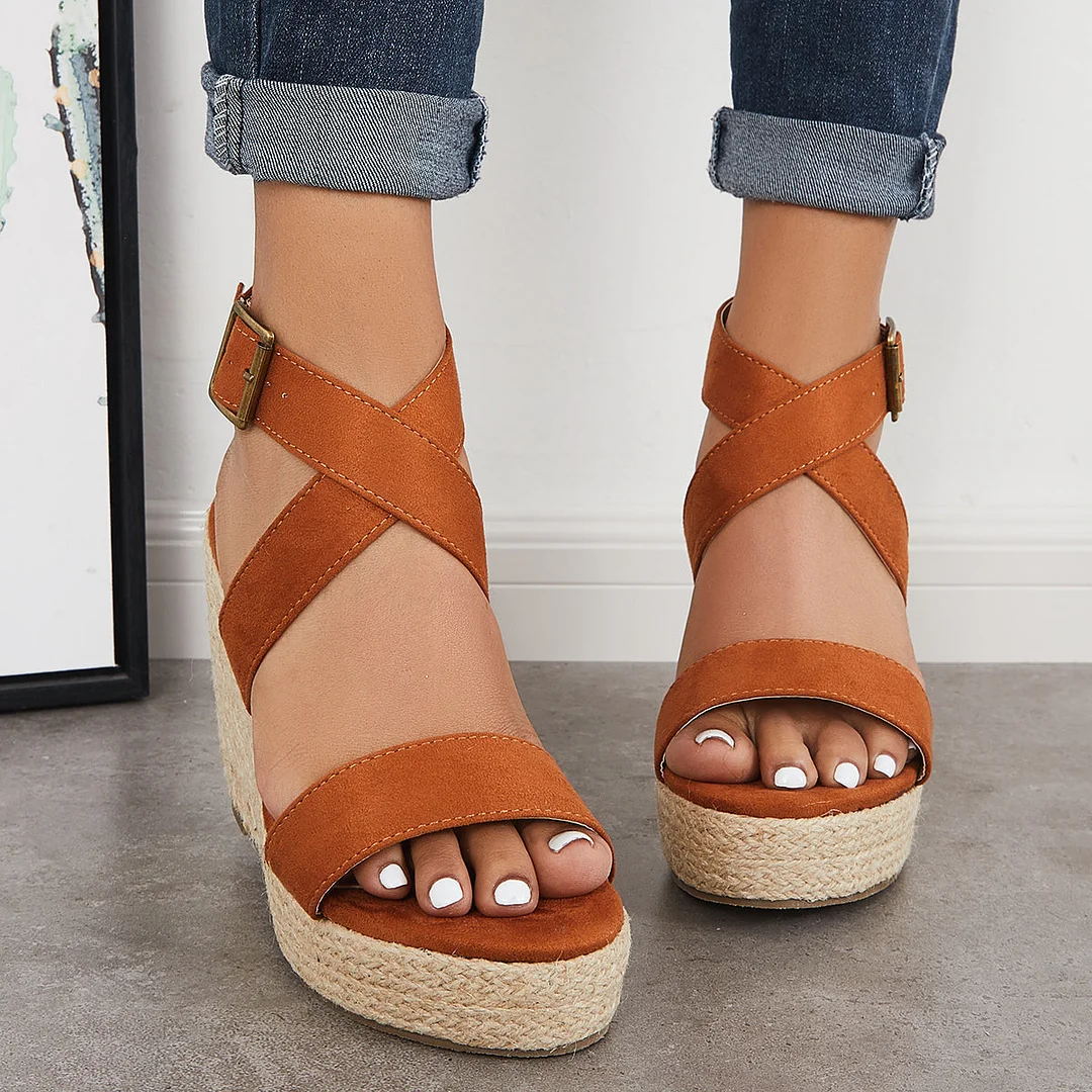 Criss-Cross Ankle Strap Espadrille Wedge Platform Sandals