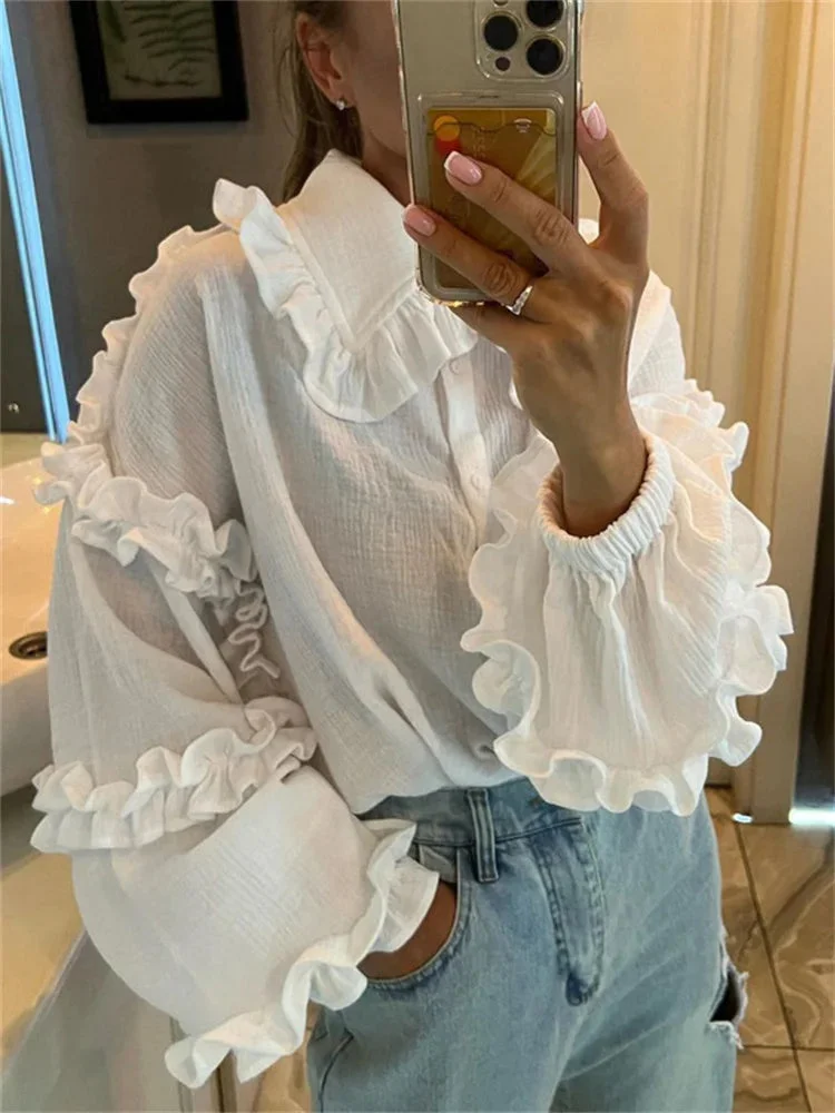 Huiketi White Ruffled Casual Shirts For Women Fashion Patchwork Cardigan Lapel Long Sleeve Outwear Slim Ladies Shirts 2024 New