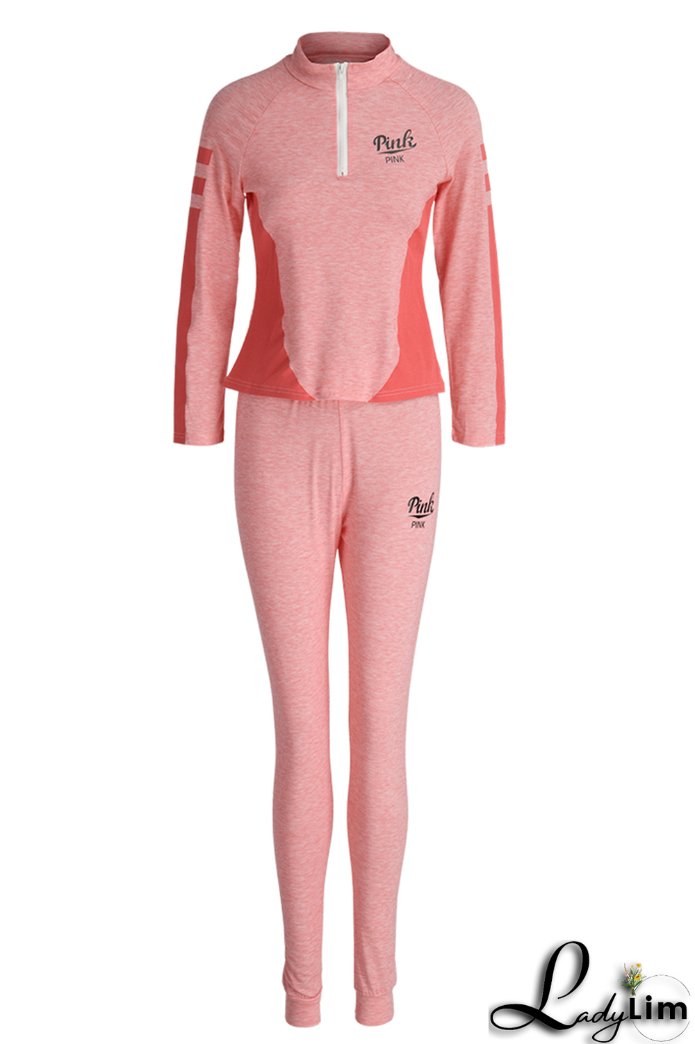 Pink Casual Print Patchwork Zipper Collar Long Sleeve Two Pieces