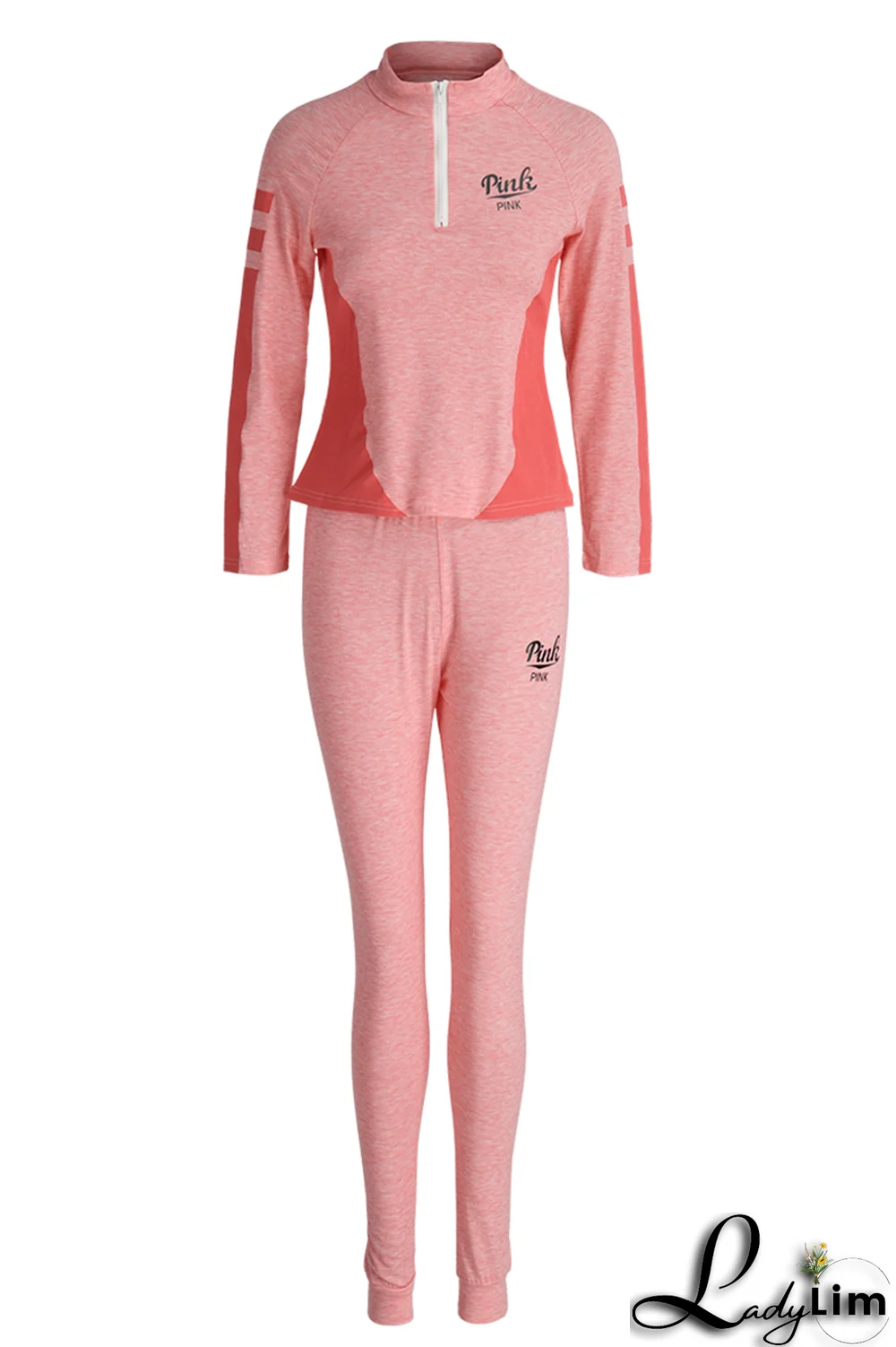 Pink Casual Print Patchwork Zipper Collar Long Sleeve Two Pieces