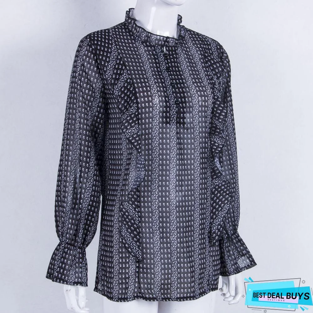 Women Boho Office Casual Balloon Long Sleeve V-Neck Sexy Loose Shirts Plus Size Blouse Tops