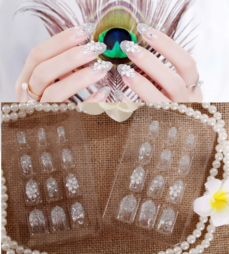 24Pcs/Set Fake Nails Press on Girls Finger Beauty False Nail Art Tips Bright Shining 3D Diamond Full Cover French Nail Art Tips-Nail Inspo