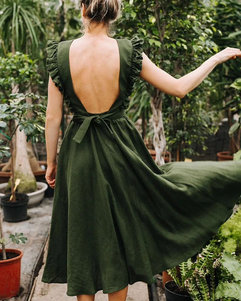 Casual Ruffled Solid Color Cotton Linen Dress