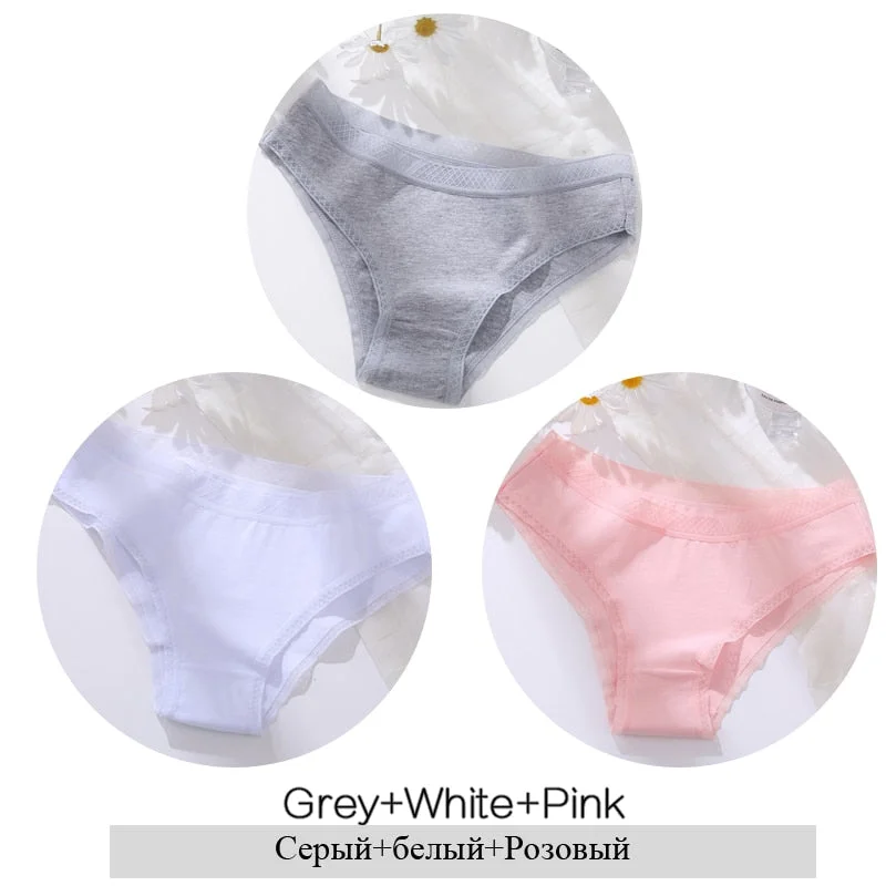 FINETOO Women Cotton Panties Sexy Lace Briefs 3Pcs/set Ladies Low Waist Underpants Comfortable Girls Underwear M-2XL Lingerie