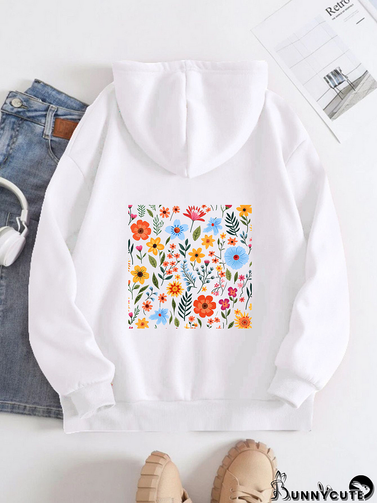 Printed on the Back Kangaroo Pocket Hoodie Long Sleeve for Women Pattern Floral heart
