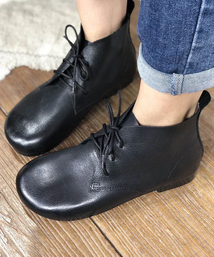 Beautiful Lace Up Flat Feet Shoes Comfy Black Cowhide Leather