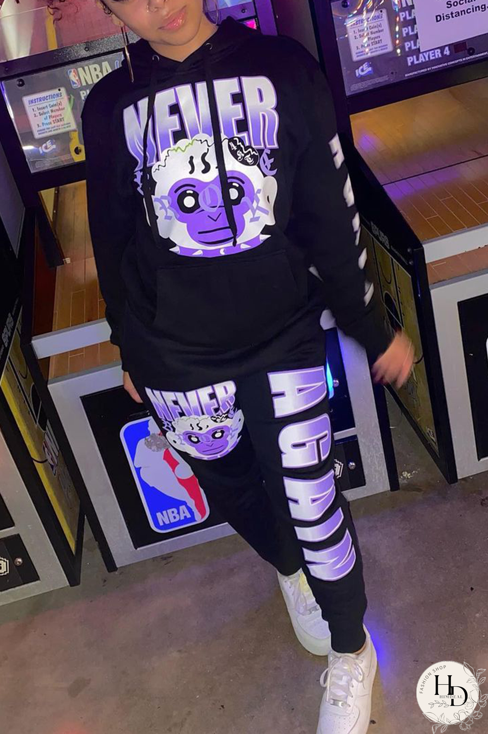 Black Fashion Casual Print Letter Hooded Collar Long Sleeve Two Pieces
