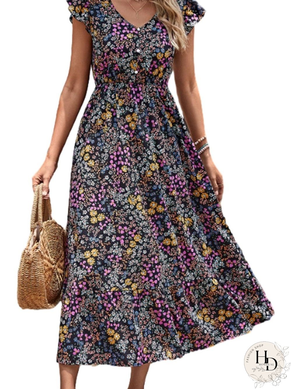 Elegant Black Floral V-Neck Midi Dress with Ruffle Sleeves