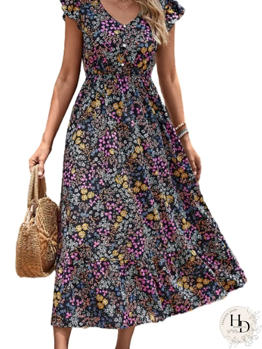 Elegant Black Floral V-Neck Midi Dress with Ruffle Sleeves