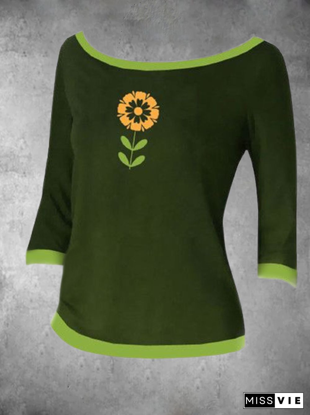 Vintage Floral Printed Color-block Plus Size 3/4 Sleeves Crew Neck Casual Tops