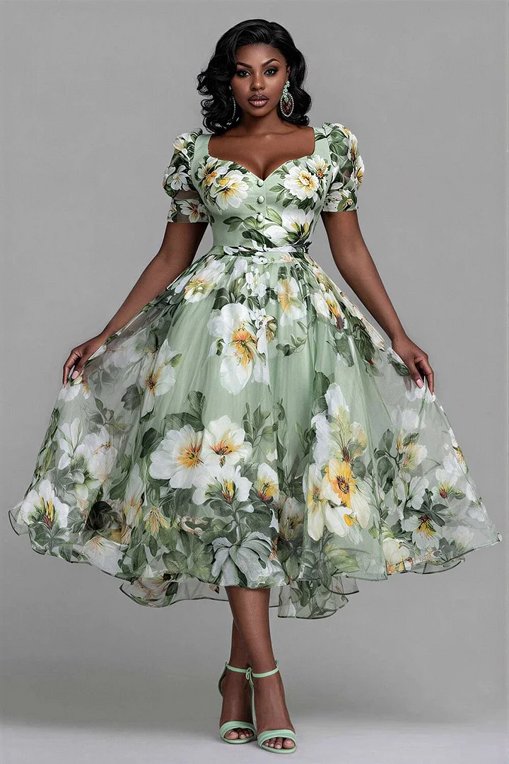 Xpluswear Design Plus Size Wedding Guest Elegant Chiffon Sage Green Floral Square Neck Short Sleeve Button See Through Satin Midi Dresses 2024 - Xpluswear