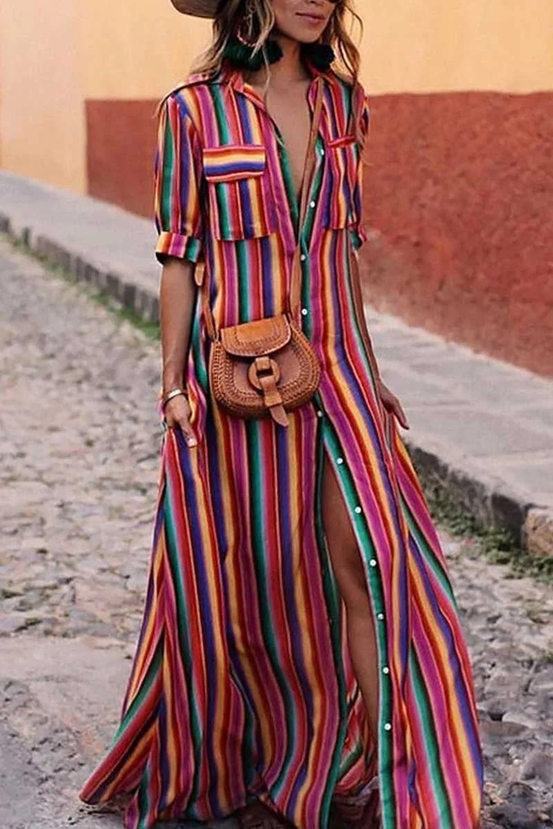 Bohemian Multicolor Striped Maxi Dress(3 Colors)