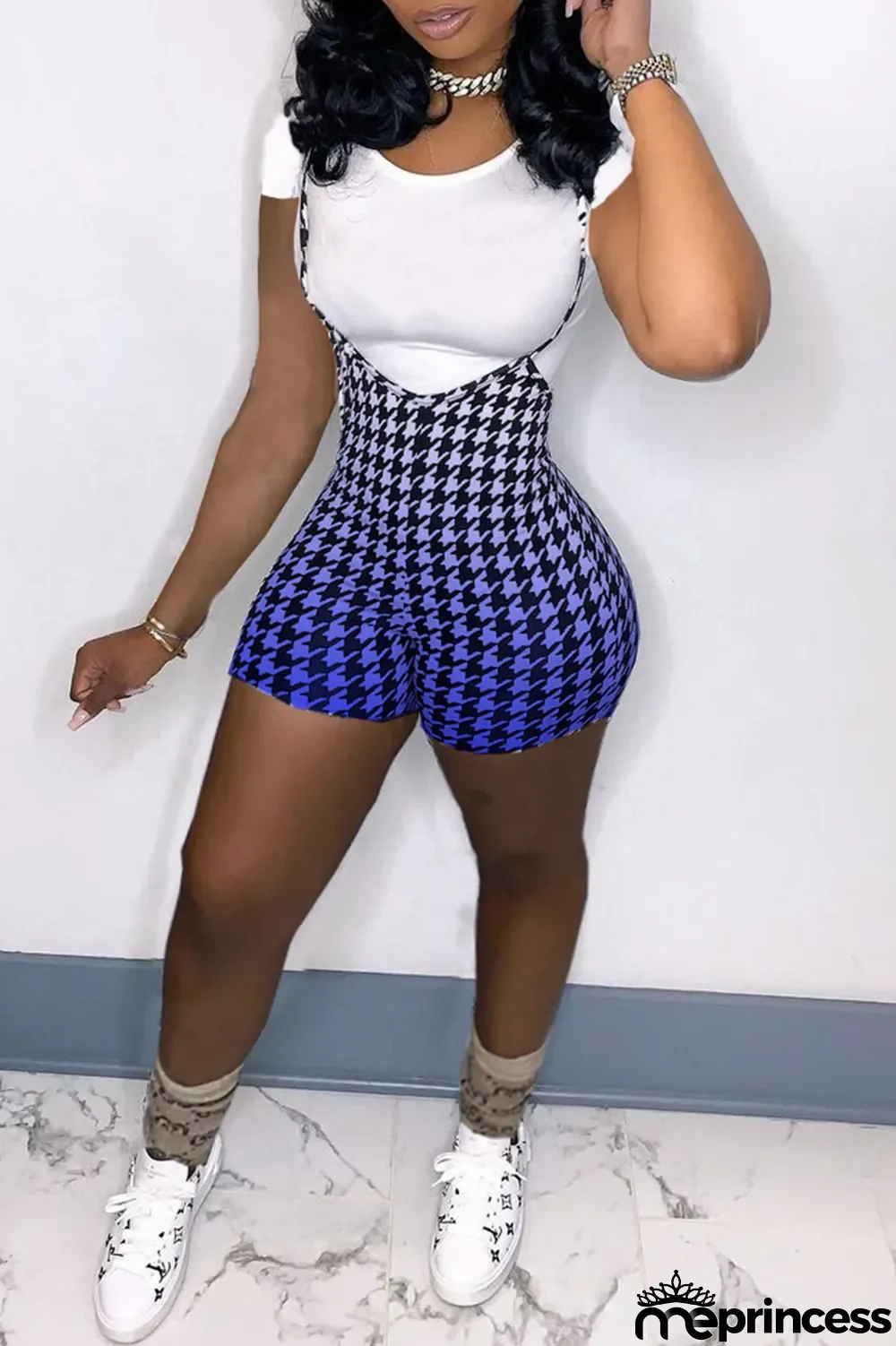 Blue Fashion Casual Print Basic O Neck Short Sleeve Two Pieces