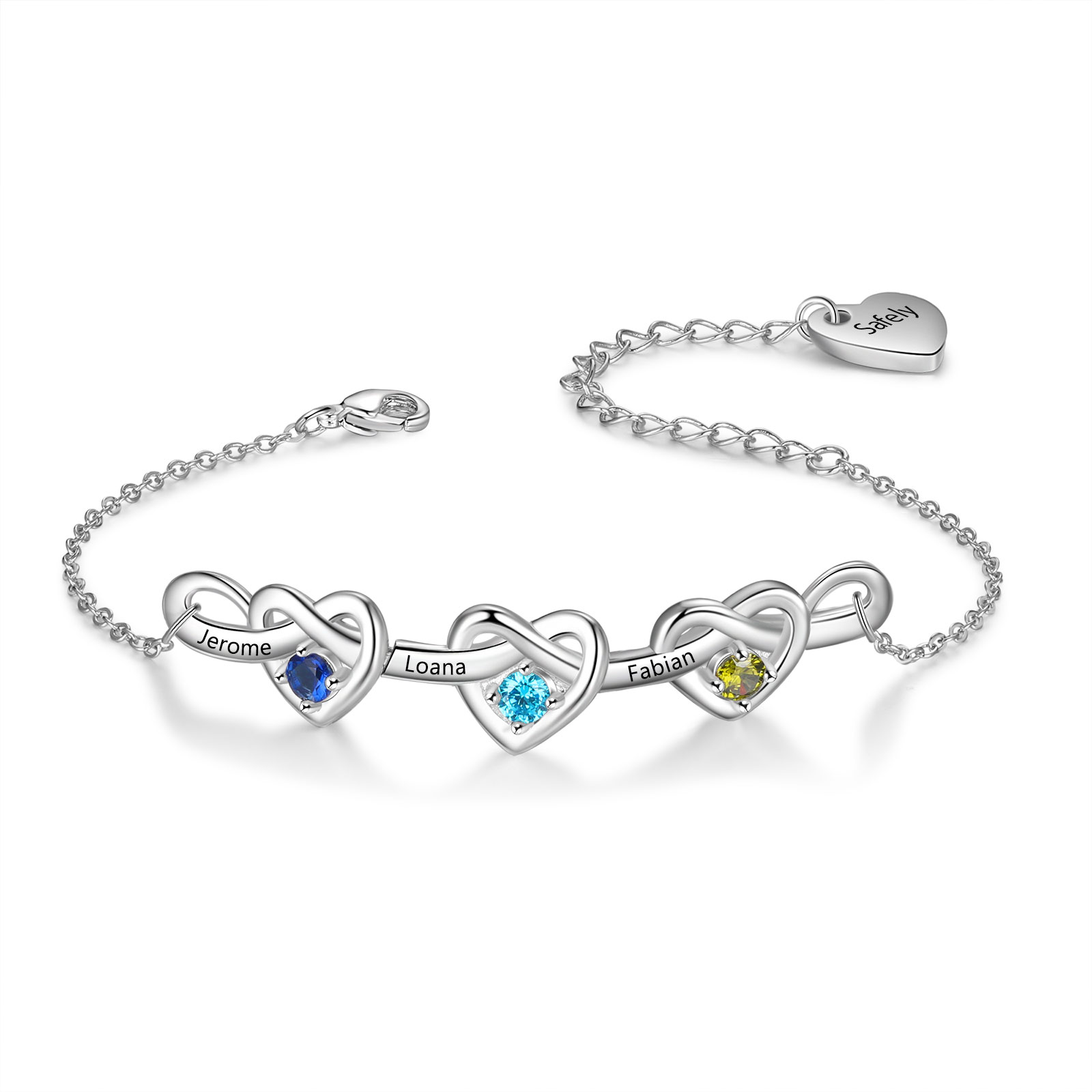 3 Names-Personalized Linked Heart Bracelet With 3 Birthstones Engraved ...