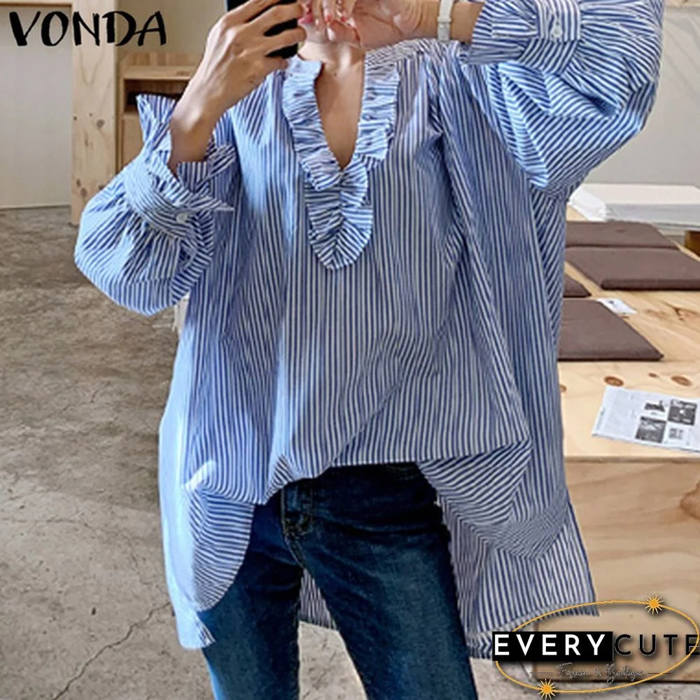VONDA Plus Size Women Casual Blouse Long Sleeve V Neck Ruffle-Trim Striped Shirt Loose Tunic Tops