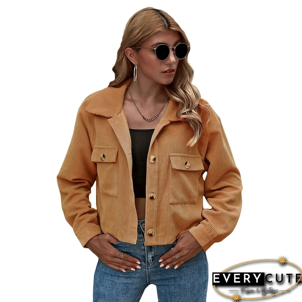 Khaki Corduroy Pocket Button Short Jacket
