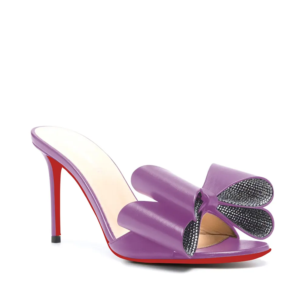 100mm/3.94 Inch Women's High Heel Mules Rhinestone Bowknot Backless Stiletto Heel Slippers Sexy Summer Heeled Red Bottom Sandals-vocosishoes