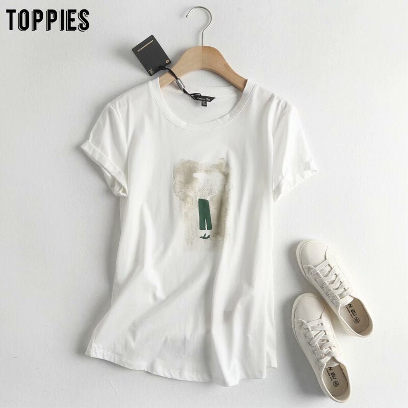 toppies 2020 fashion abstract printing short-sleeved t-shirts summer tops round neck white cotton tops tees